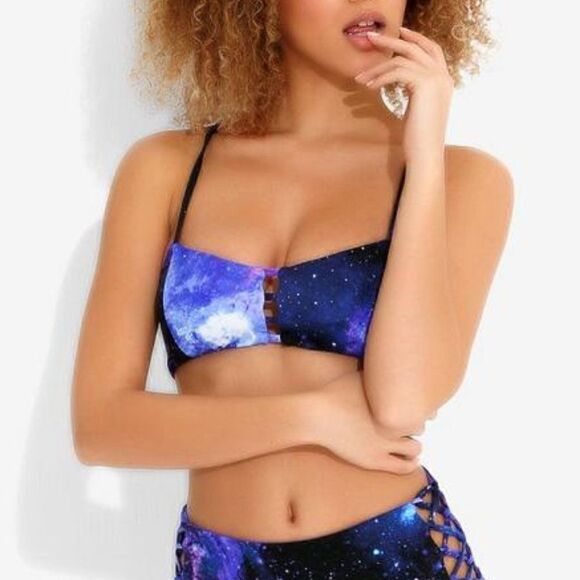 HOT TOPIC Galaxy Purple Lattice Reversible Swim Swimsuit Bikini Large NWT - Picture 2 of 13